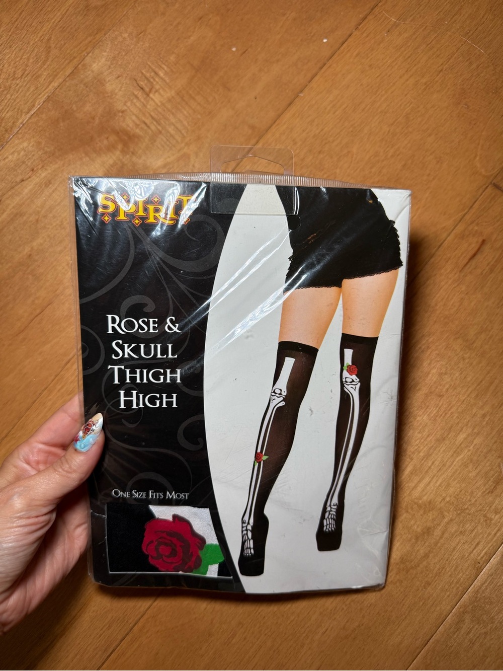 Spirit Black Thigh-High Socks with White Skeleton and Red Rose